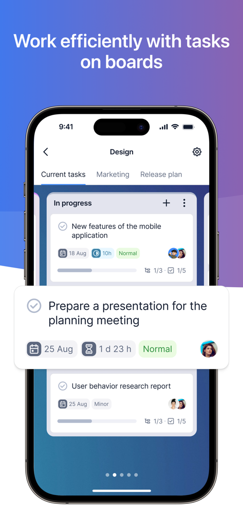 YouGile Mobile app interface showing a digital task board with cards for managing project progress