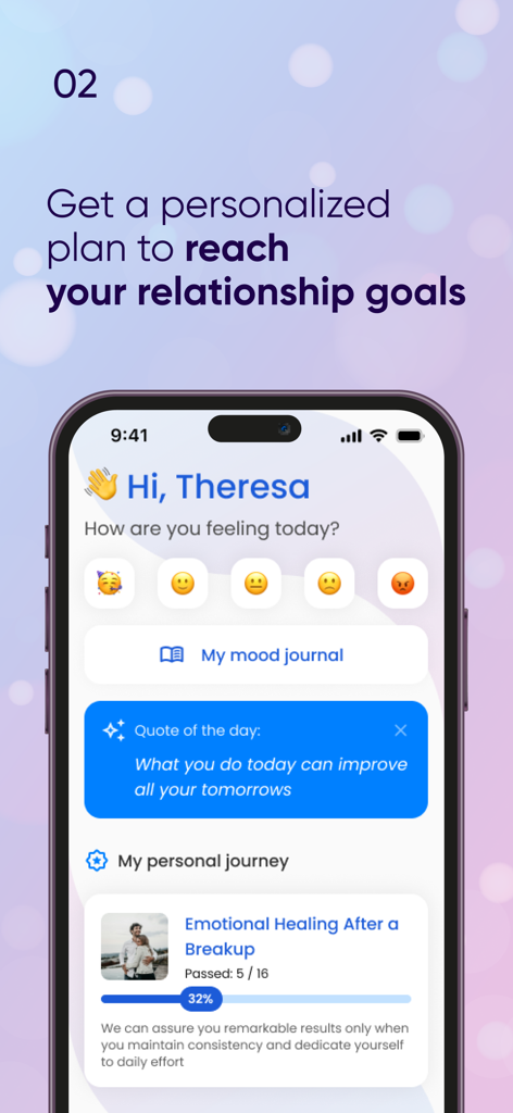 Relatio: Paired Relationship - Painel do aplicativo Relatio mostrando um plano de relacionamento personalizado e um rastreador de humor