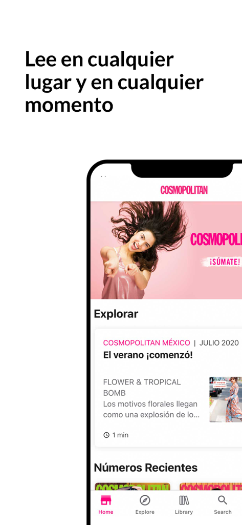 Interfaz de la aplicación móvil Cosmopolitan Mexico mostrando artículos de estilo de vida y menú de navegación inferior en la pantalla de un smartphone.