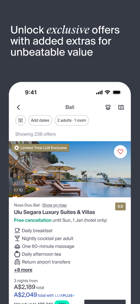 Luxury Escapes: Travel Deals - Luxury Escapes app screen displaying a premium hotel deal in Bali with VIP inclusions