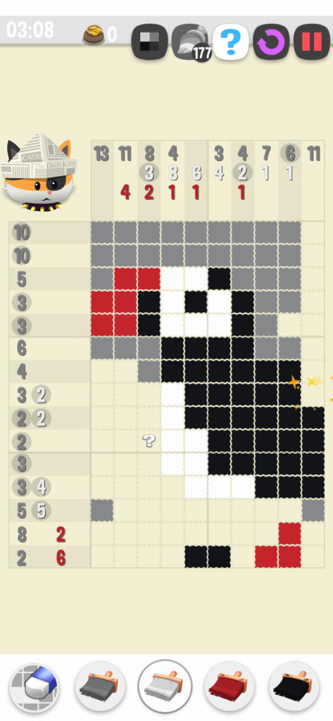 Hungry Cat Nonogram - Gameplay screen of Hungry Cat Nonogram showing a color logic puzzle revealing a puffin bird