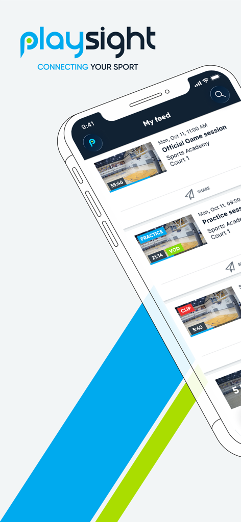 Interfaz de la aplicación PlaySight que muestra un feed de sesiones de grabación de partidos y prácticas deportivas en un smartphone