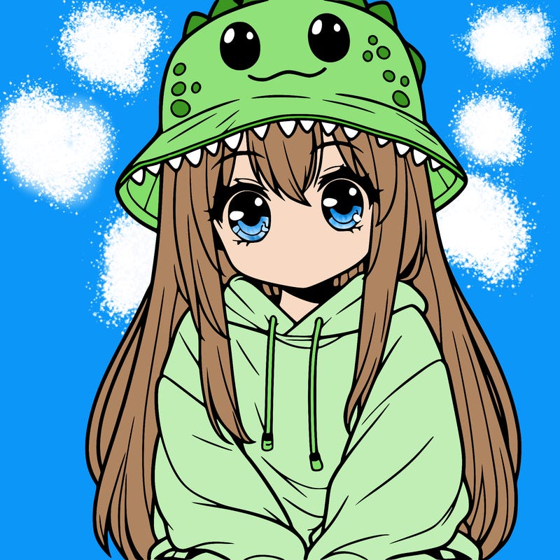 girl with anime shaped eyes with a dinosaur bucket hat oversized sweatshirt long straight hair