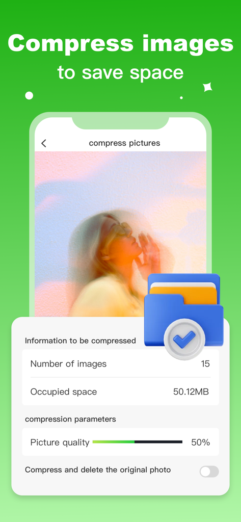 Clean Master：Storage Cleaner - Pantalla de la aplicación Clean Master que muestra las funciones de compresión de imágenes para ahorrar espacio de almacenamiento del teléfono