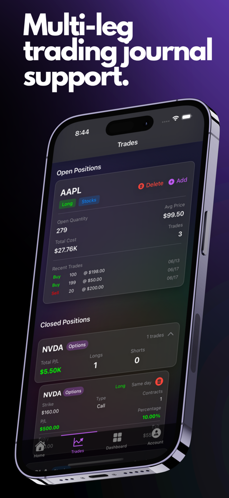 TradeZap - Trade Journal App - Interfaz de la aplicación móvil TradeZap que muestra posiciones abiertas de acciones y operaciones de opciones cerradas con detalles de pérdidas y ganancias.