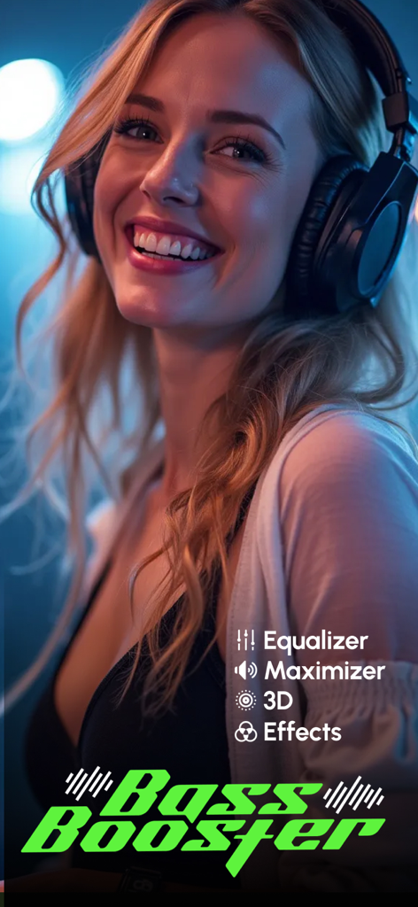 A smiling woman wearing over-ear headphones enjoying music with the Bass Booster and Equalizer app features.
