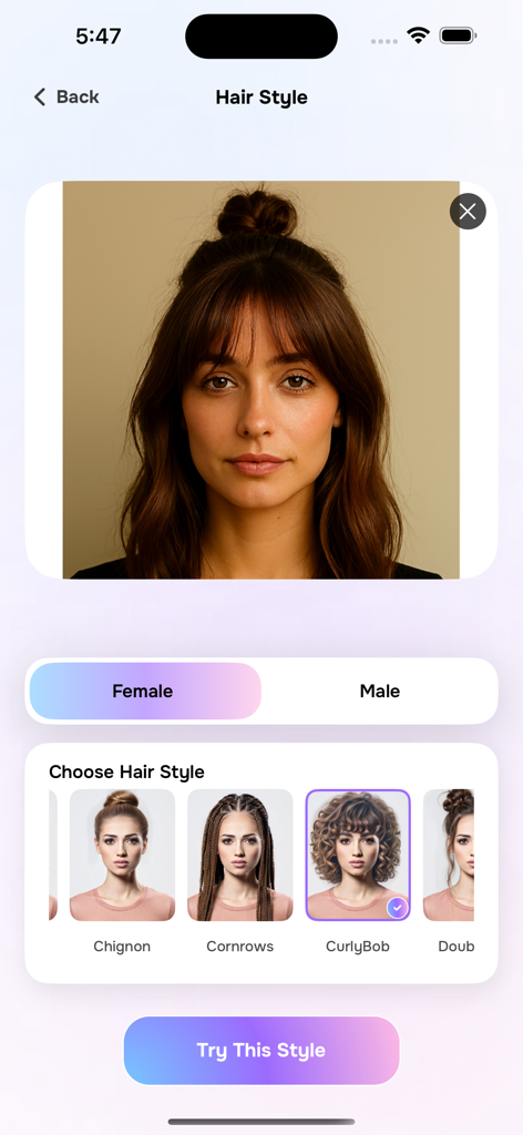 HairFlip app screen showing AI hairstyle options for women including curly bob and cornrows.