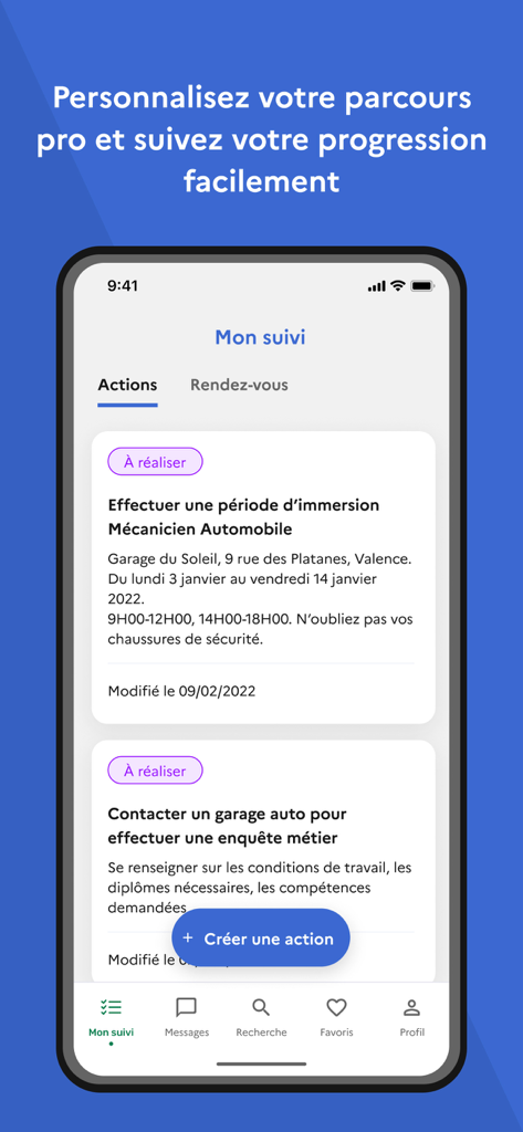 Contrat d'Engagement Jeune - Mobile app interface displaying a career progress tracking screen with a list of professional development tasks and a button to create new actions.