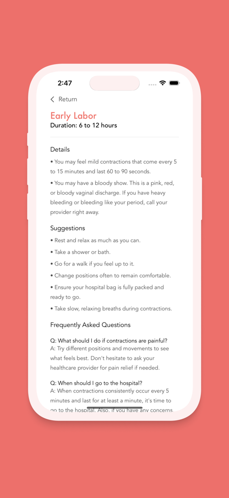 Contraction Timer app screen displaying details and suggestions for the early labor stage.