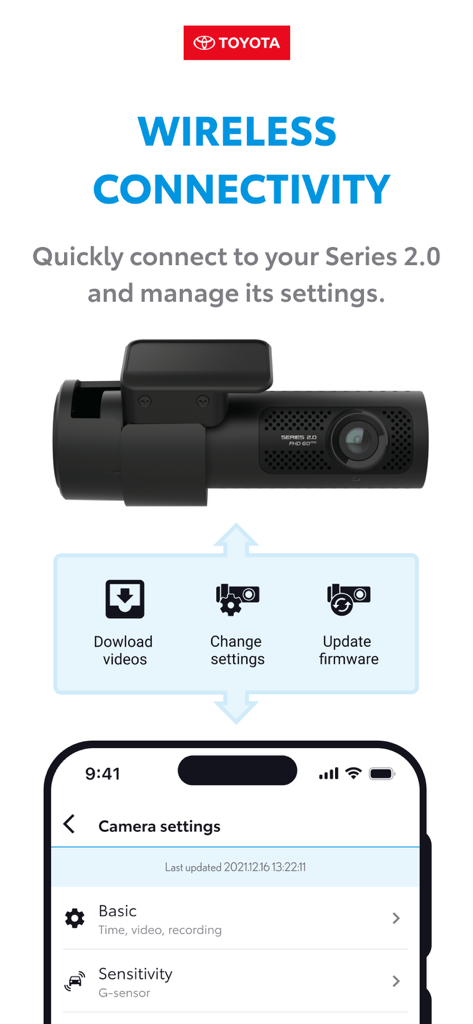 Toyota Series 2.0 Viewer - Toyota Series 2.0 Viewer 앱 인터페이스, 무선 연결 기능 및 대시캠 카메라 설정 표시