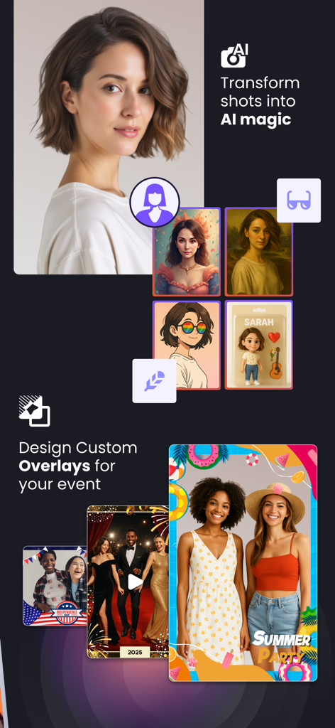 Touchpix app interface showing AI photo transformation effects and custom event overlays for professional photo booths