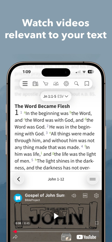 Bible App - Read & Study Daily - 올리브 트리 성경 앱: 성경 구절과 통합된 BibleProject 동영상 요약 표시
