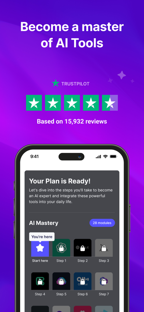 Benutzeroberfläche der Coursiv-App, die einen personalisierten Lernplan zur Beherrschung von KI mit 28 Modulen und einer hohen Trustpilot-Bewertung zeigt