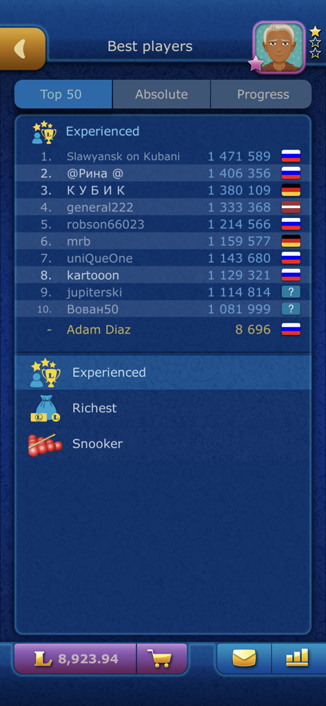 Online Snooker LiveGames - Pantalla de clasificación de Snooker Online LiveGames mostrando los 50 mejores jugadores experimentados con sus rankings y puntuaciones.