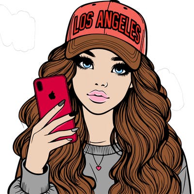 realistic beautiful girl wearing los ángeles cap holding an iphone