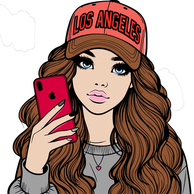 realistic beautiful girl wearing los ángeles cap holding an iphone