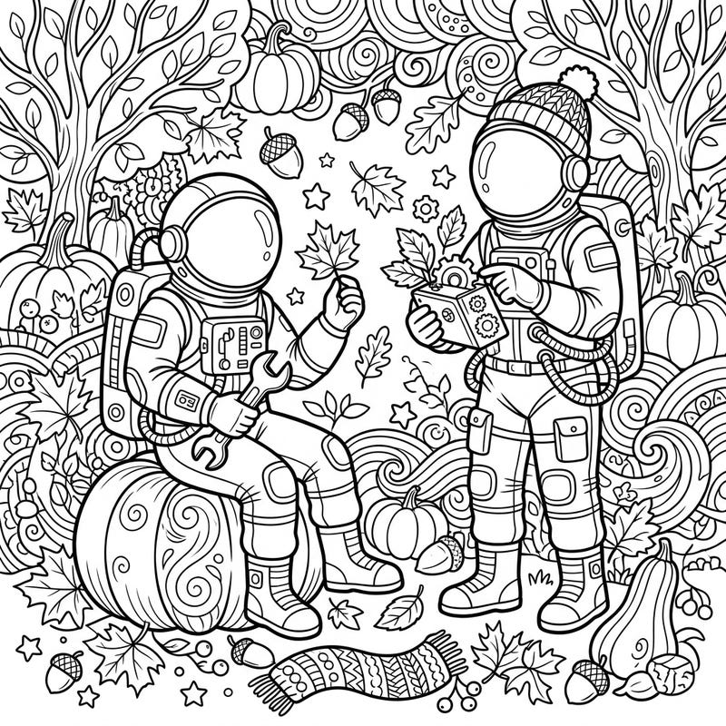 Embark on an intergalactic harvest adventure with our Astronaut Engineers Autumn coloring page! This unique scene blends the wonders of space exploration with the cozy charm of fall, ready for your creative touch.