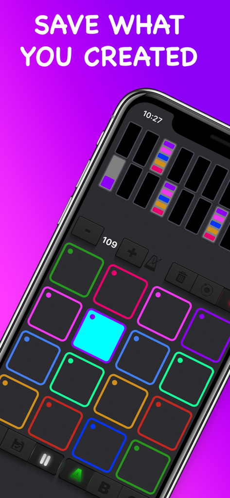 Drum & Rhythm Pad - Beat Maker - Un smartphone mostrando una interfaz de creador de beats musicales con pads coloridos y el texto 'guarda lo que has creado'.