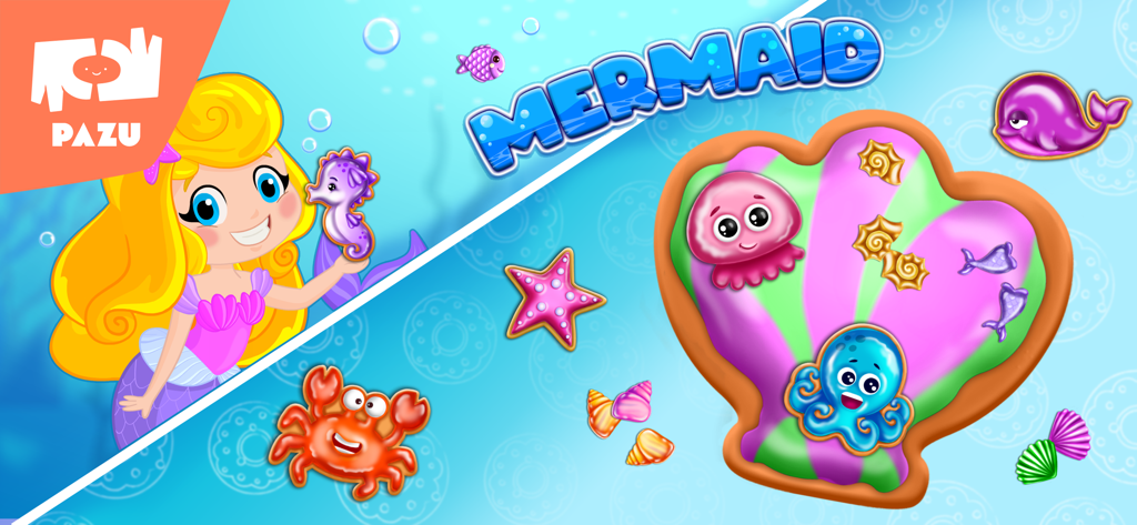 A mermaid themed shell shaped cookie decorated with colorful sea creature toppings