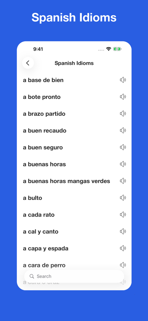 Spanish Idiom Dictionary - A list of alphabetical Spanish idioms and phrases with audio icons and a search bar.