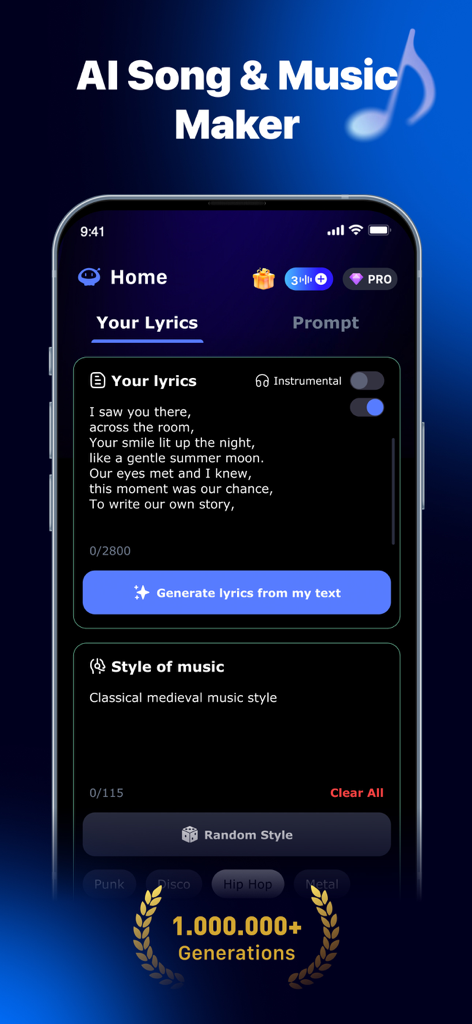 AI Song Generator: Music Maker - Mobile app interface for AI Song Generator showing a lyrics editor and music style selection.
