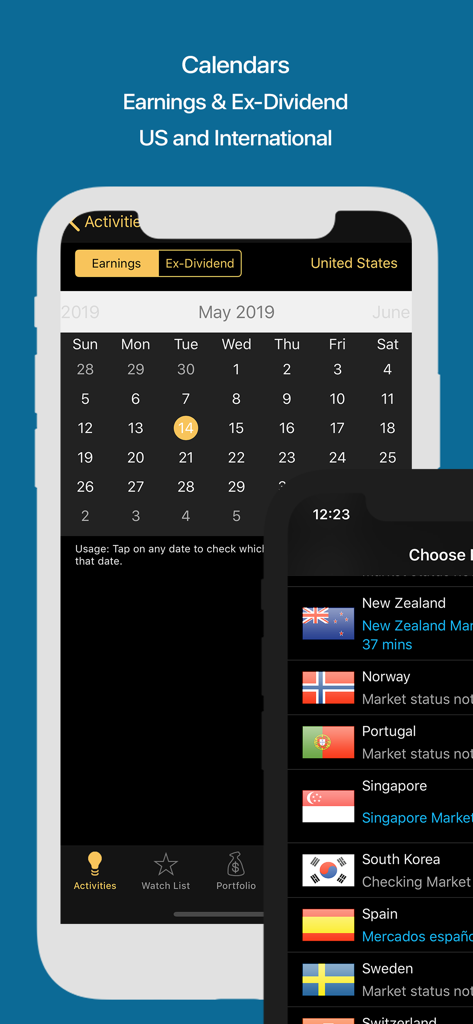 Stocks Live app interface showing global earnings calendar and international market status