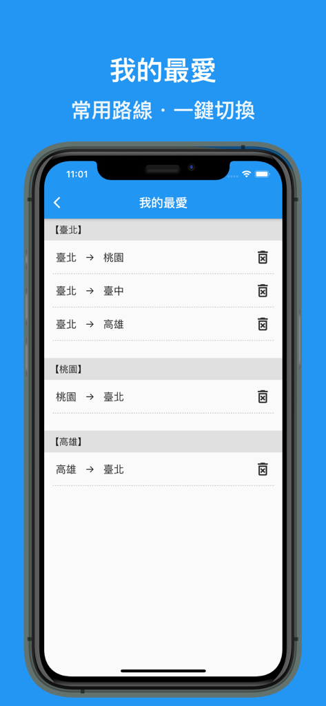 The favorites screen of the Taiwan Railway Express app displaying saved train routes between cities like Taipei and Taichung
