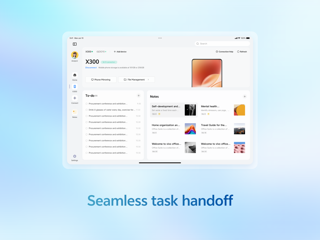 Vivo Office Kit dashboard on iPad with task handoff and productivity tools