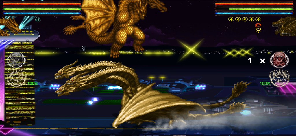 Godzilla: Omniverse - Personaggi di King Ghidorah che combattono in una scena notturna urbana in Godzilla Omniverse