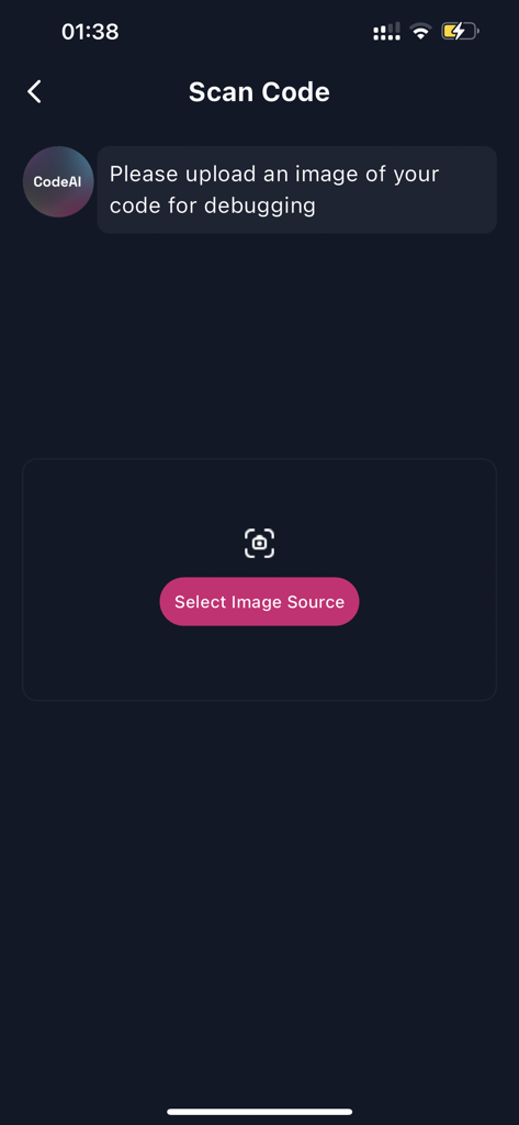 Code AI: Learn Programming - Interfaz de la aplicación Code AI mostrando la función de escanear código para depuración y análisis