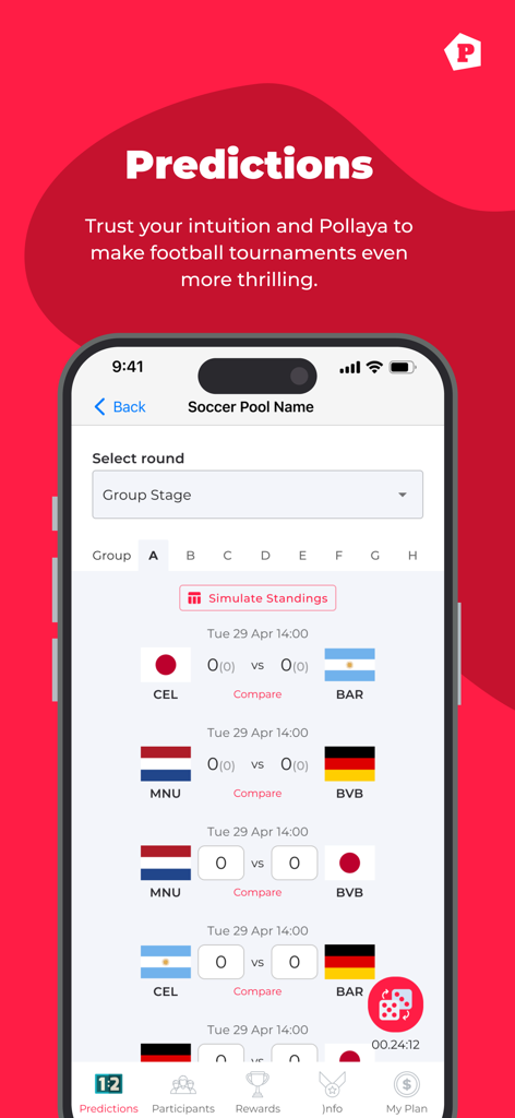 Pollaya - Schermata dell'app mobile Pollaya che mostra i pronostici delle partite di calcio per un torneo della fase a gironi