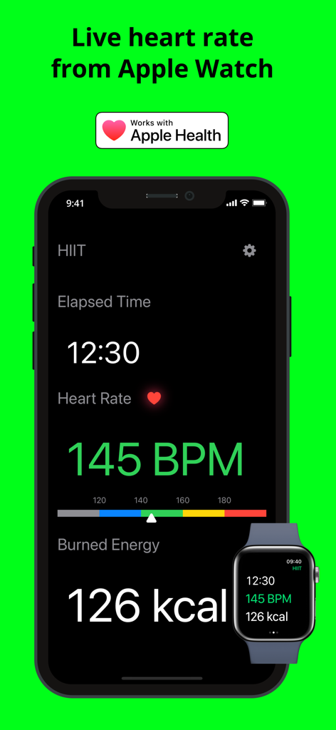 Workout Live - Heart Rate Zone - Workout Live app dashboard showing real time heart rate and calories synced between iPhone and Apple Watch
