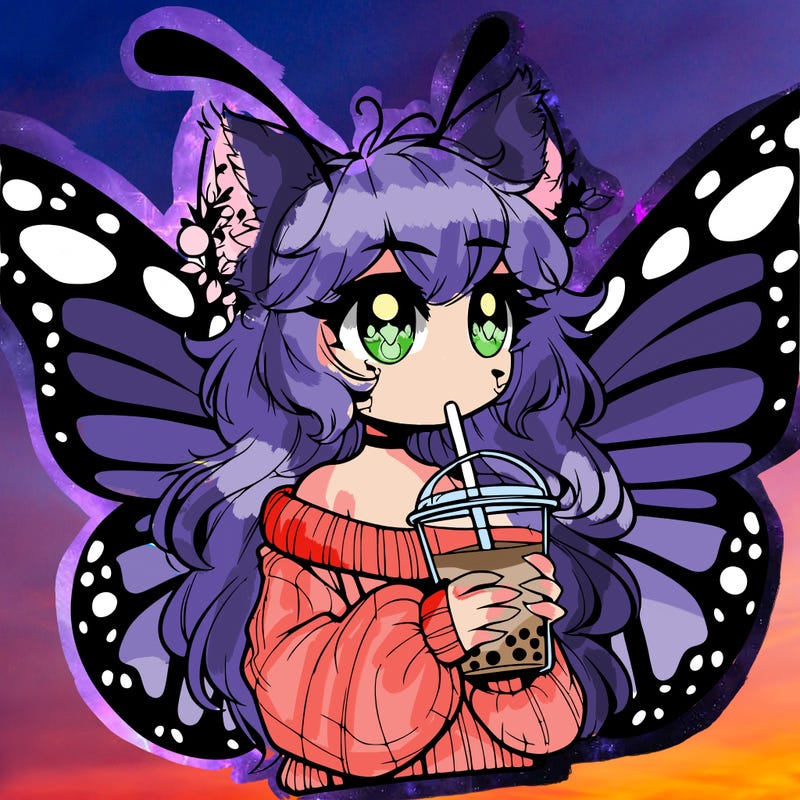 a realistic butterfly/furry girl drinking boba
