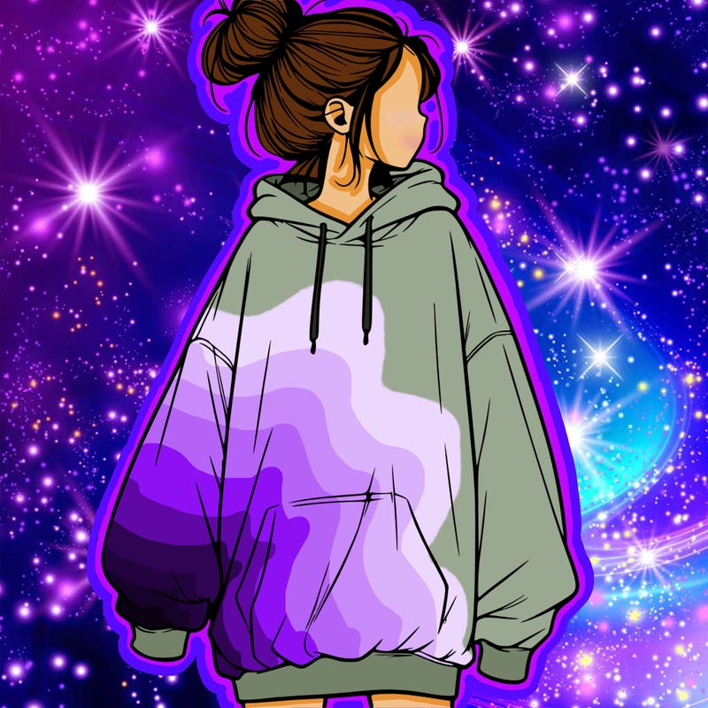 realistic girl with a oversized sweatshirt on and a bun