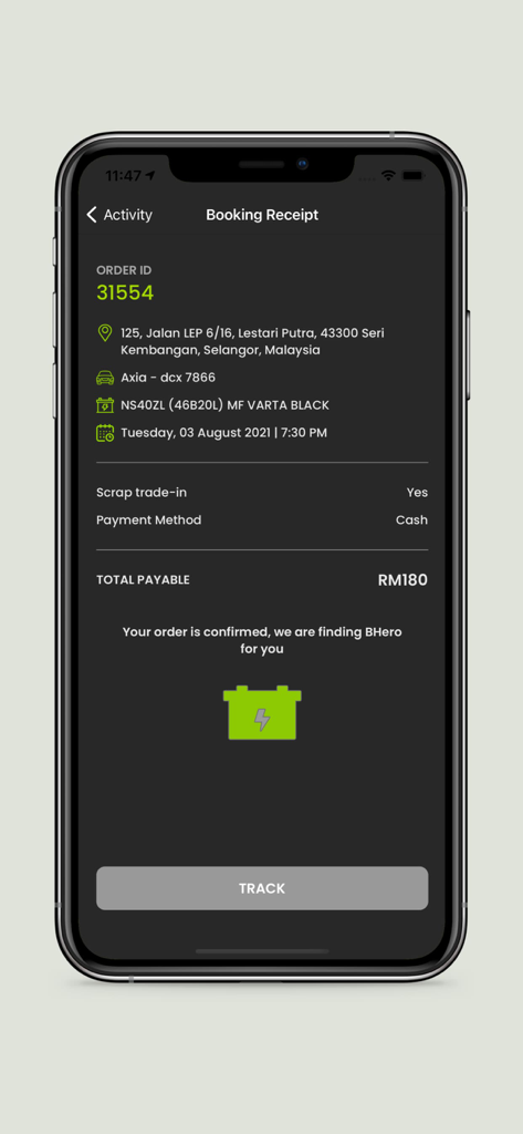 Bateriku - Bateriku mobile app screen showing a booking receipt for a car battery replacement with order details and a track button