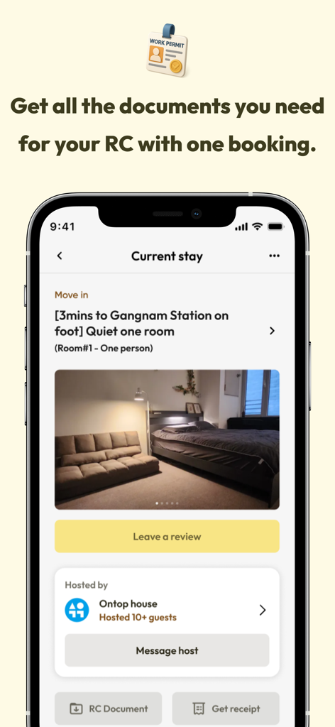 enkostay - No deposit in Korea - Enkostay app interface showing a room listing near Gangnam Station and options to download RC documents for foreigners in Korea.