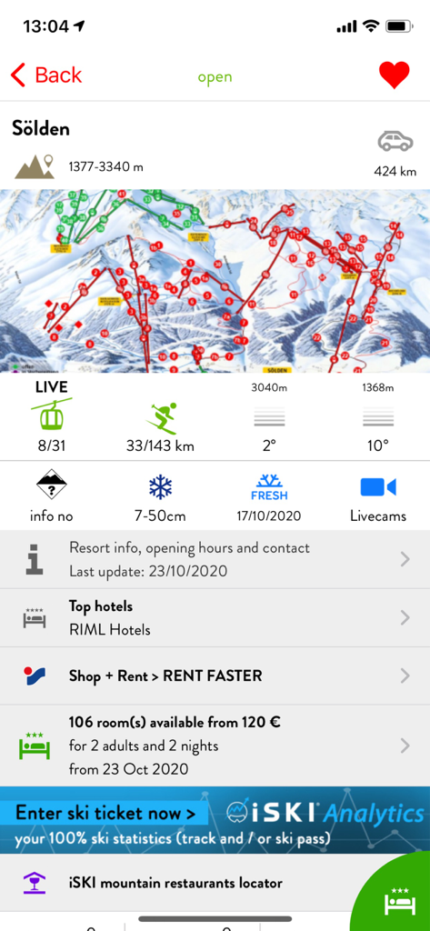 iSKI Austria - Ski & Snow - iSKI Austria App-Oberfläche mit Live-Resortdaten, Pistenkarte und Wetter für Sölden