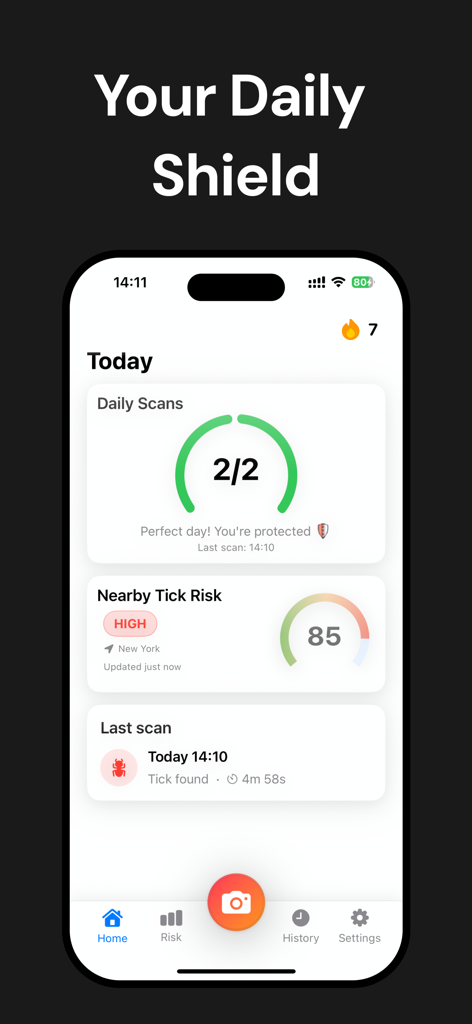 Tick Detector: Pet Tick Scan - Mobile app dashboard for Tick Detector showing pet scan history and local tick risk level