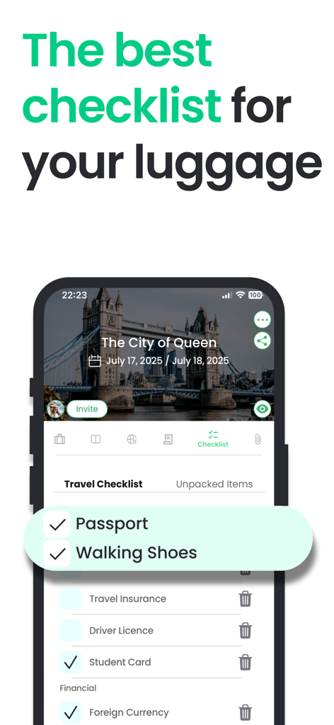 Interfaccia dell'app Tourist travel planner che mostra una lista di controllo per il bagaglio con articoli come passaporto e scarpe da passeggio