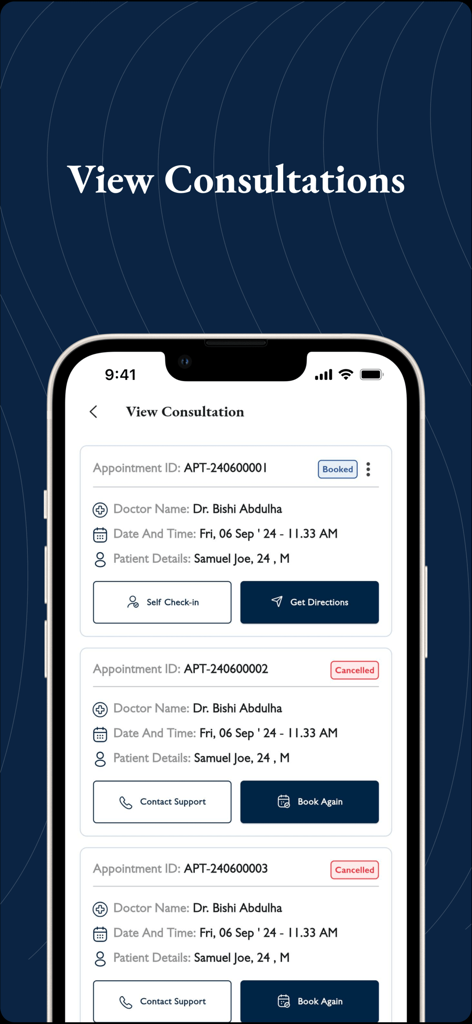 Tela do aplicativo móvel mostrando histórico de consultas médicas e detalhes de agendamento para o Kings Hospital Jeddah
