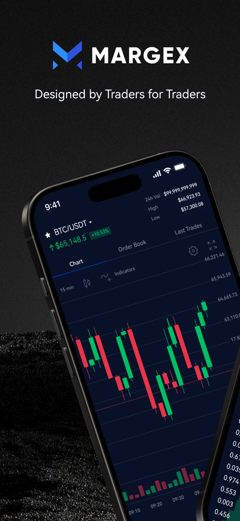 Interfaccia dell'app mobile Margex che mostra un grafico a candele BTC/USDT con indicatori di analisi tecnica.