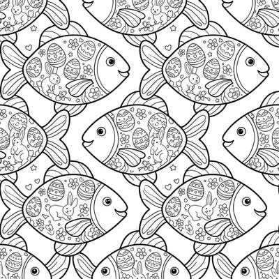 Dive into a sea of Easter cheer with this charming fish tessellation coloring page, featuring festive bunnies, decorated eggs, and spring blossoms. It's a delightful and unique pattern, perfect for adding a splash of holiday creativity to your day.