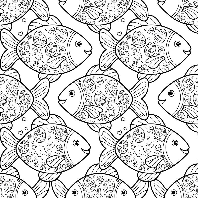 Dive into a sea of Easter cheer with this charming fish tessellation coloring page, featuring festive bunnies, decorated eggs, and spring blossoms. It's a delightful and unique pattern, perfect for adding a splash of holiday creativity to your day.