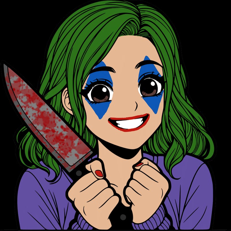 a realistic girl holding a knife and grinning