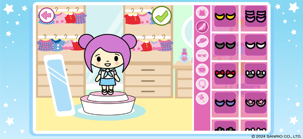 Hello Kitty: Beauty Salon - ハローキティ ビューティーサロンのキャラクターカスタマイズ画面。衣装や目のスタイルが表示されている。