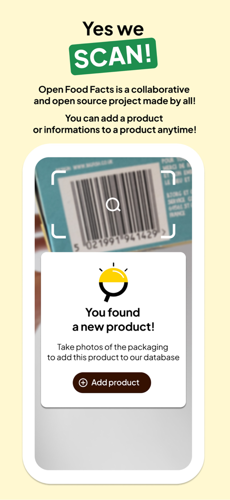 A smartphone screen displaying the Open Food Facts app scanning a barcode to add a new product to its collaborative database