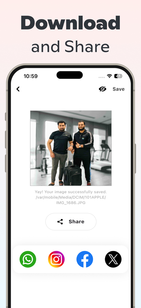 Background Remover - BG Editor - Background Remover app screen showing a saved photo with options to share on social media platforms like Instagram and Facebook