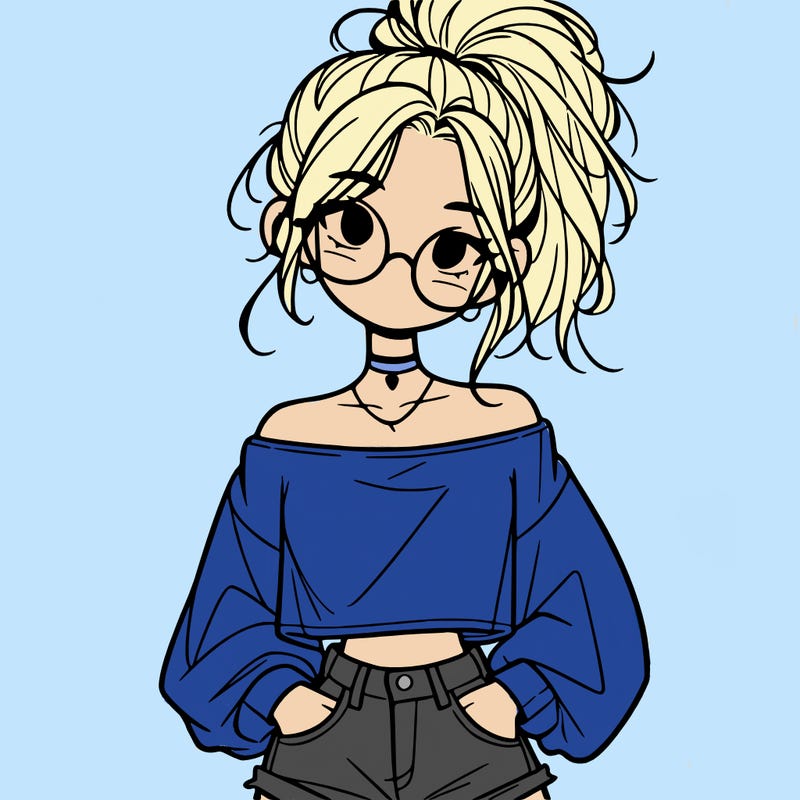 girl with a messy ponytail glasses a baggy crop top and jean shorts