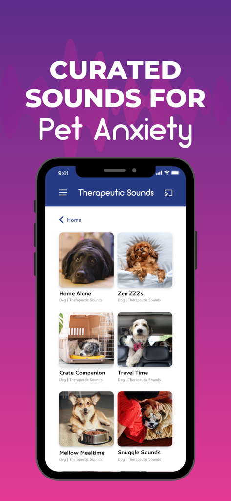 Zoundz Pet Anxiety Therapeutic - Mobile interface of Zoundz app showing curated therapeutic sound categories for pet anxiety