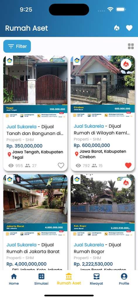 bjb DigiLoan mobile app interface showing property listings for sale in Indonesia with prices and locations